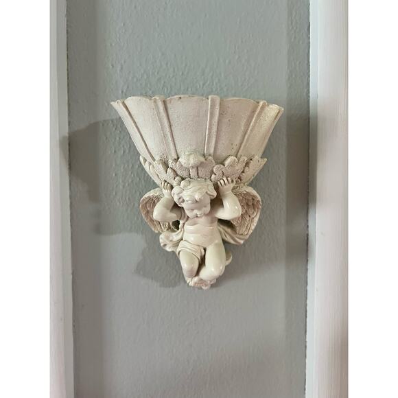 Vintage Wall Mounted Decor Resin Wall Pocket Cherub Angel Wings Cream - Picture 5 of 7